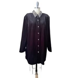 Anthony Mark Hankins Black Blouse 2X Leopard Collar Button Down